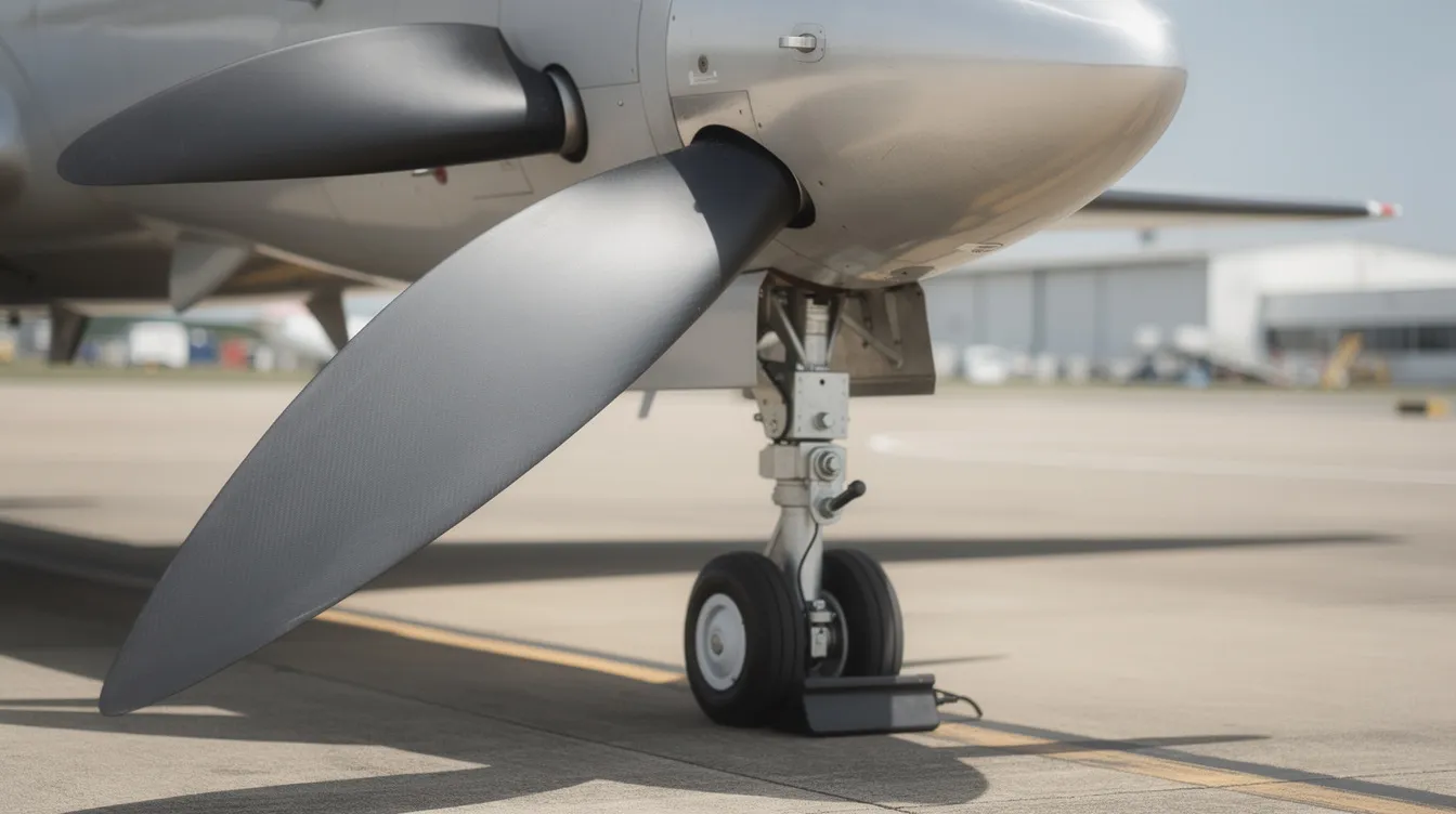 A close-up view of a modern composite scimitar propeller blade, showcasing its sleek design and advanced materials, is featured on a turboprop aircraft parked on the tarmac. This propeller blade is part of a propulsion system that enhances fuel efficiency and performance in modern turboprop engines.