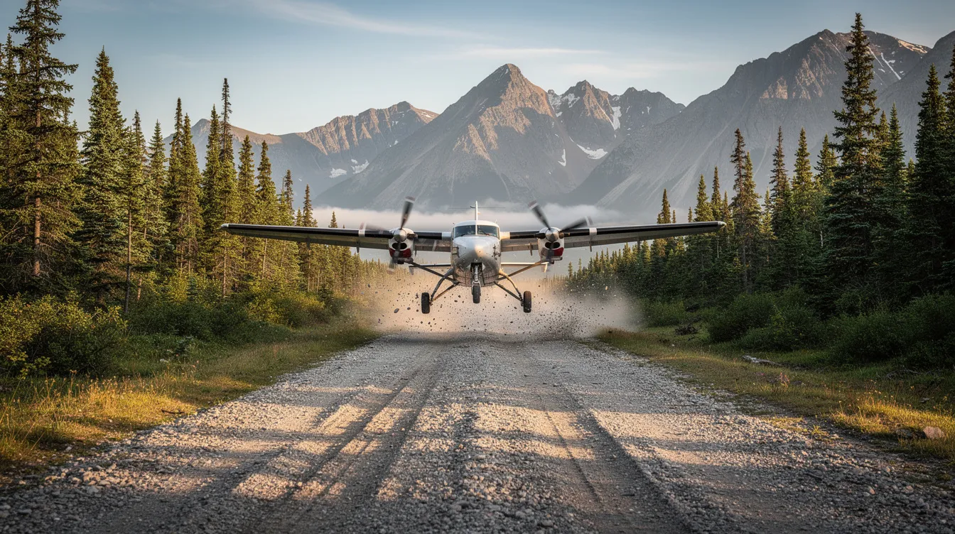 A small turboprop aircraft is landing on a short gravel runway, nestled among towering mountains and a dense forest. The scene captures the essence of propeller-driven planes, showcasing their capability to operate in remote locations with unpaved runways.