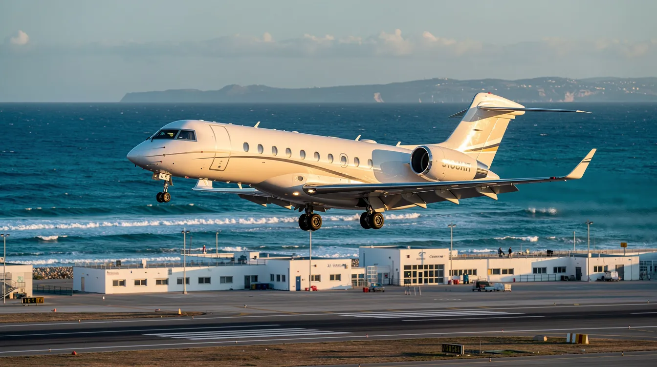 A sleek white private jet is landing at a coastal Mediterranean airport, with the vibrant blue sea visible in the background, showcasing the allure of Greece's private jet destinations. This scene highlights the luxurious experience of private jet travel to popular locations like Athens International Airport and Mykonos Island National Airport.