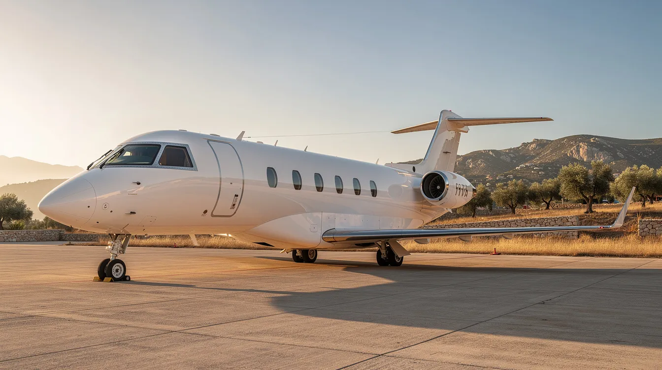 A sleek modern private jet is parked on a sunlit tarmac, with a picturesque Mediterranean landscape featuring olive trees in the distance, symbolizing luxurious private jet travel to Greece. This scene captures the essence of private jet chartering, ideal for discerning travelers seeking access to beautiful destinations like Athens and the Greek islands.