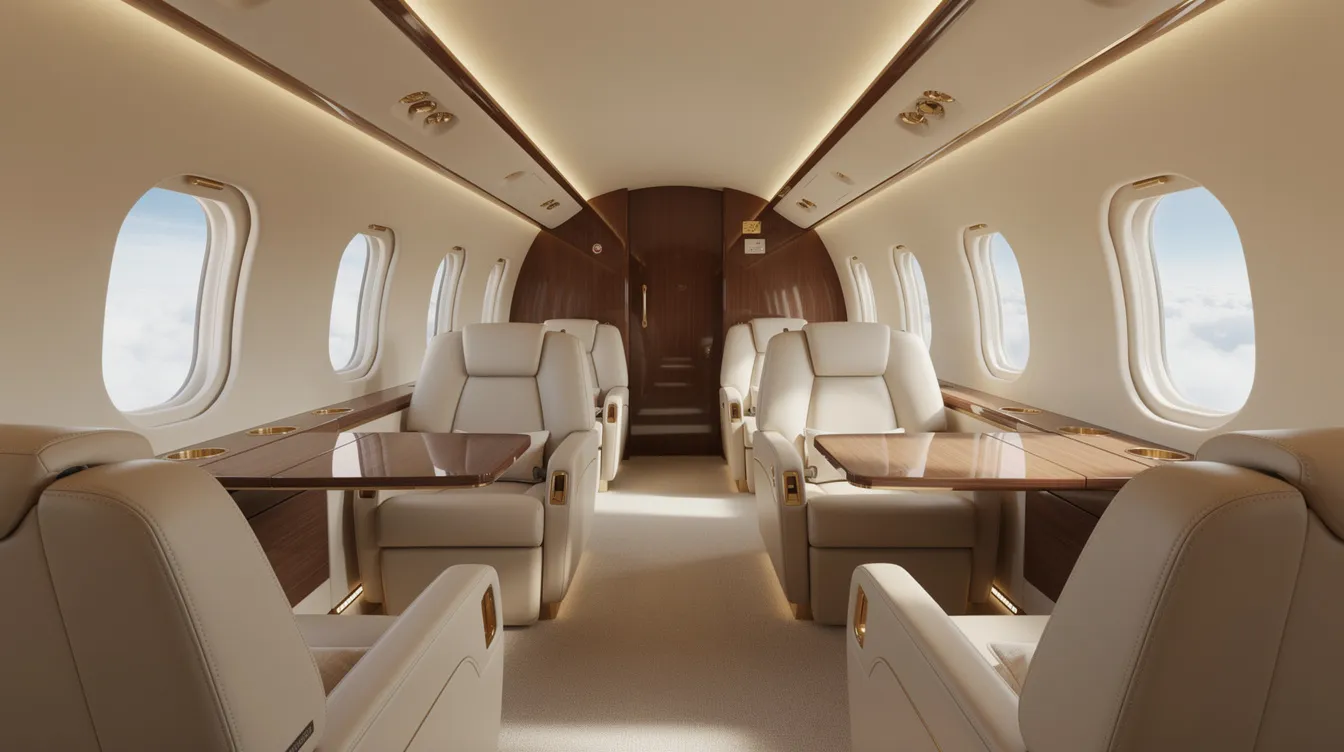 The image depicts the interior of a luxurious private jet cabin, featuring cream leather seats and soft ambient lighting, with large oval windows revealing a view of fluffy clouds outside, perfect for those enjoying a transatlantic private flight. This elegant setting emphasizes enhanced passenger comfort, ideal for long haul flights across the Atlantic Ocean.