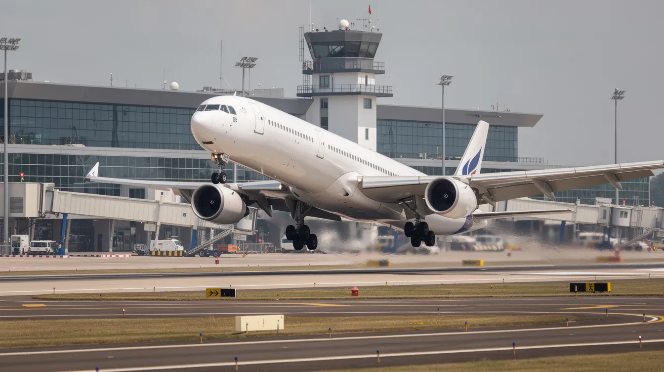 A large modern widebody commercial airplane is taking off from an airport, with various airport buildings visible in the background, symbolizing the hustle of transatlantic flights. The aircraft, designed for long haul flights, showcases advanced aircraft technology as it ascends into the sky.