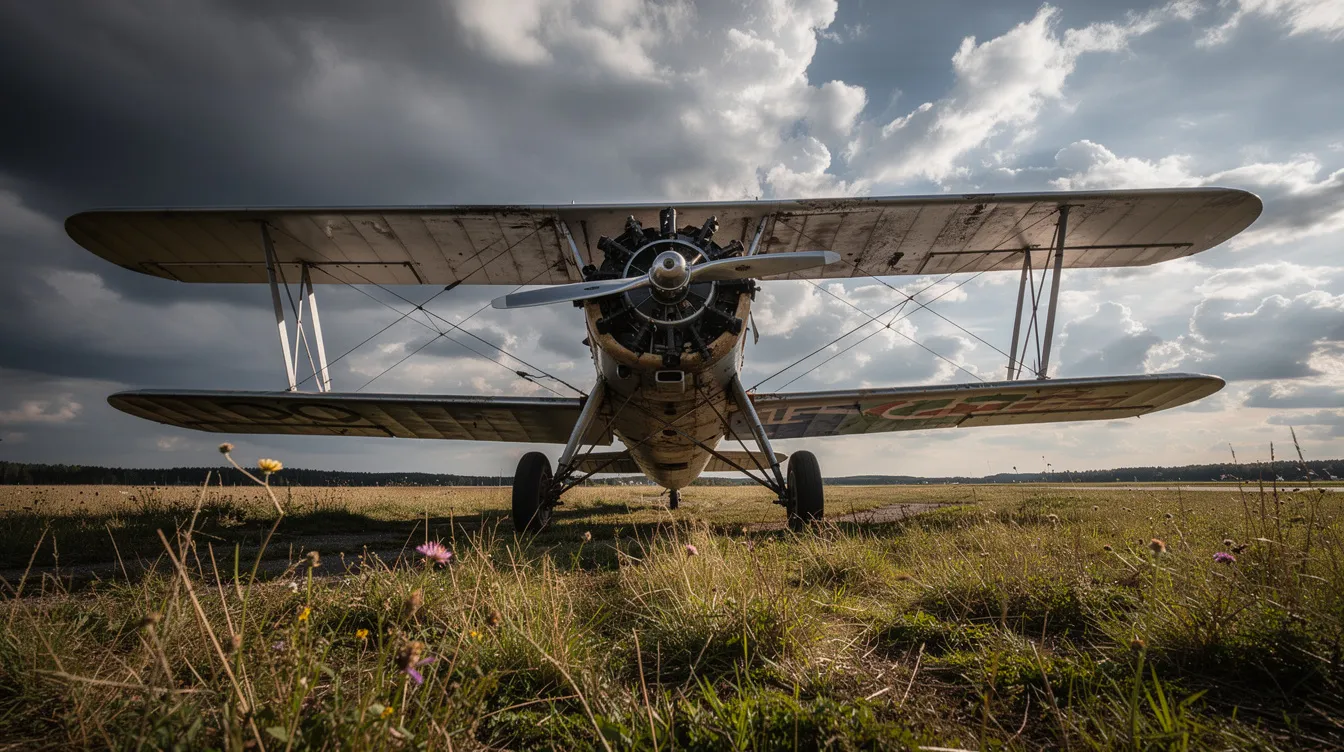 A vintage biplane is parked on a grassy field, surrounded by lush greenery, while dramatic, cloudy skies loom overhead, evoking a sense of nostalgia for early transatlantic flights. The scene captures the essence of aviation history, contrasting the simplicity of the biplane with the advancements seen in modern aircraft.