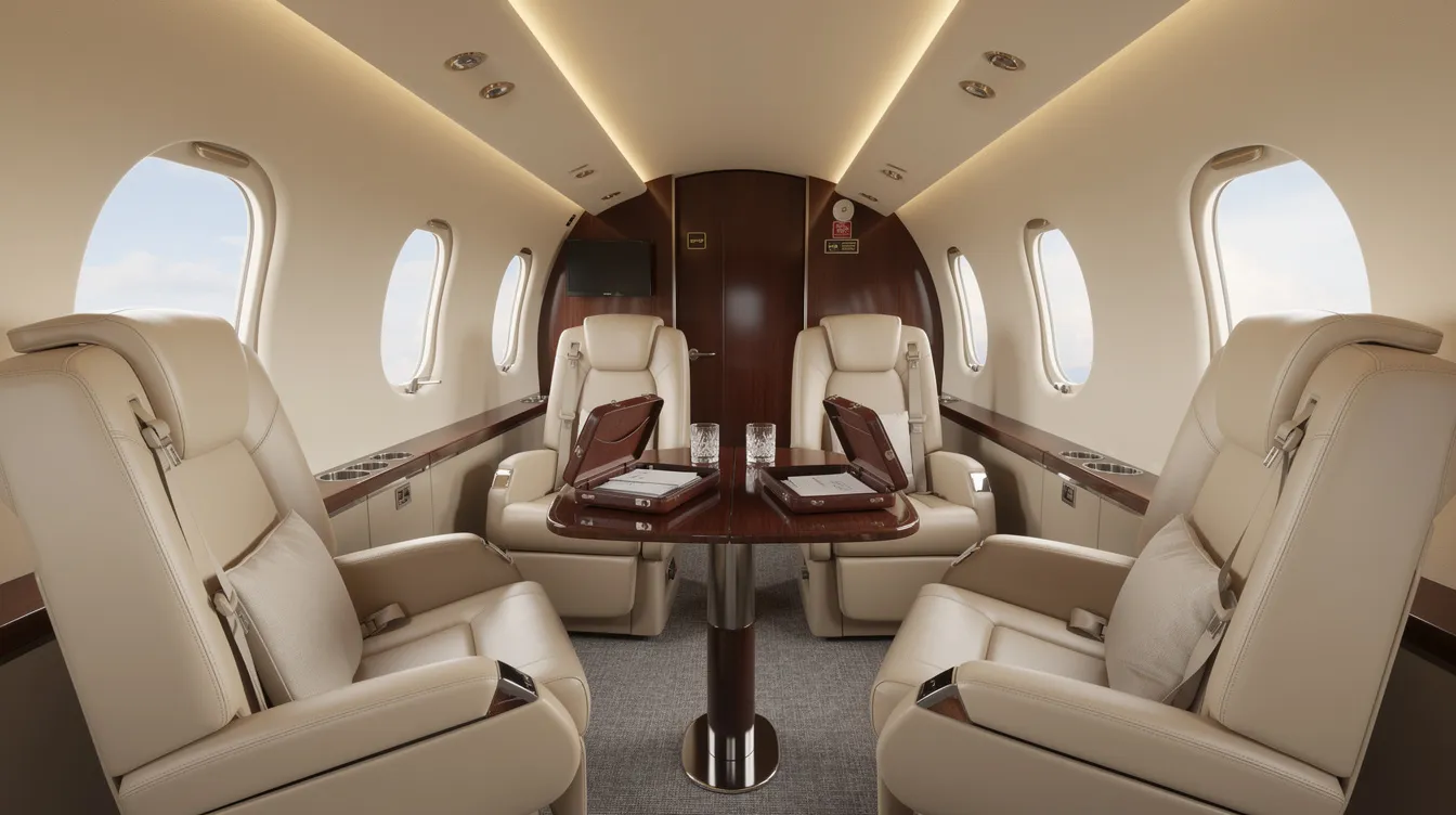 The image shows the interior of a midsize private jet cabin, featuring plush leather seats arranged around a small conference table, ideal for business travel. This luxurious setting highlights the comfort and convenience of private jet charter flights, perfect for clients flying from Cleveland Hopkins International Airport or nearby locations.