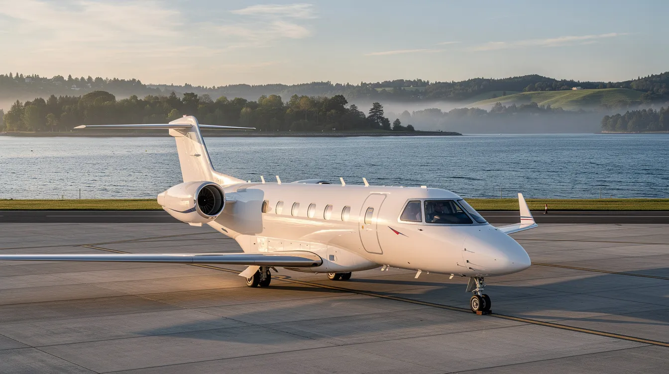 A small private jet is parked on the tarmac with a scenic view of Lake Erie in the background, showcasing the convenience and luxury of private jet travel near Cleveland. This image reflects the personalized service and safety that come with private jet charter flights from locations like Burke Lakefront Airport and Cuyahoga County Airport.