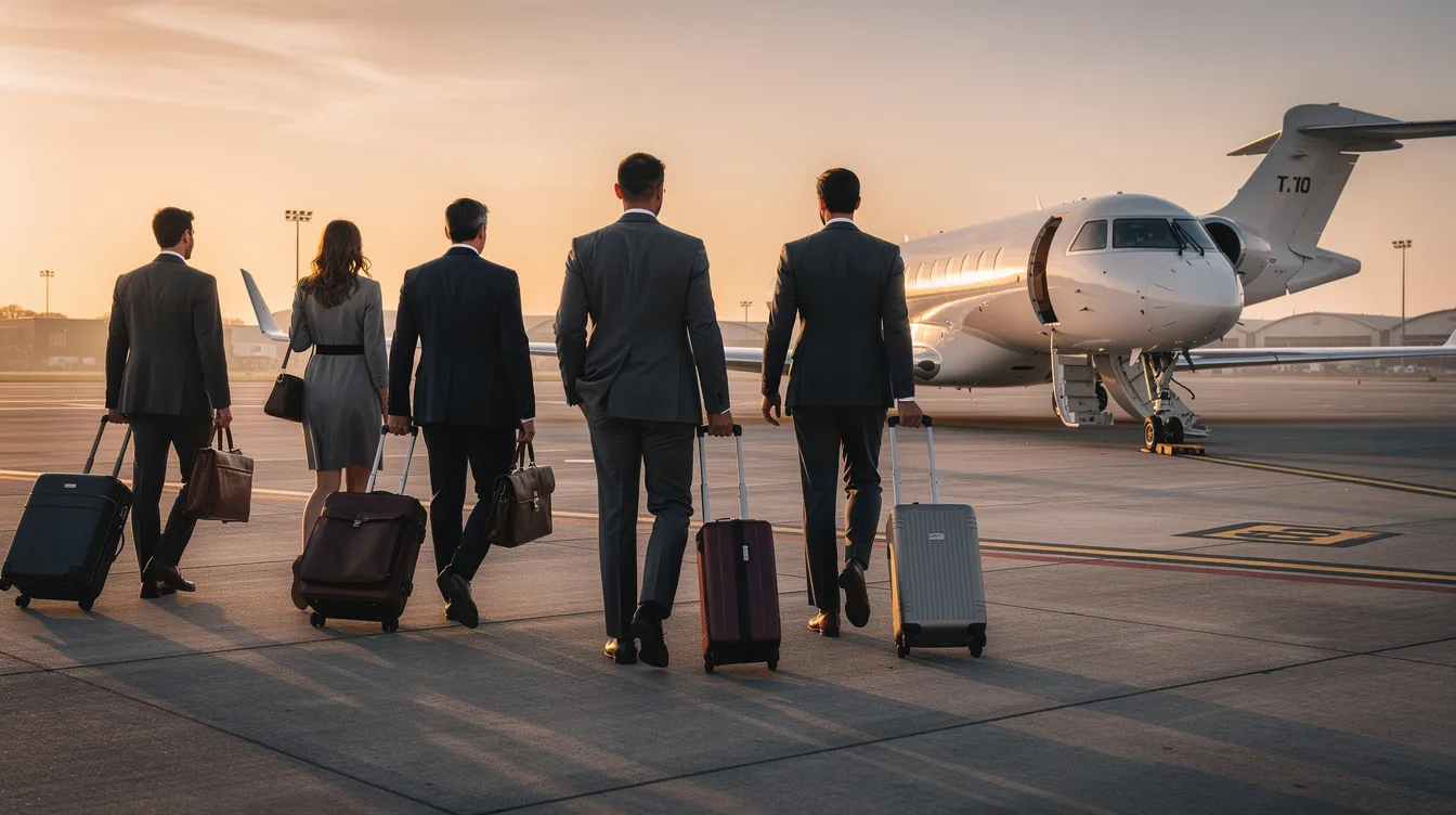 A group of business travelers is walking toward a sleek private jet on the tarmac during golden hour, with the warm glow of the setting sun illuminating their path. This scene captures the essence of luxury private jet travel, emphasizing the convenience and personalized service offered by Cleveland private jet charter services.