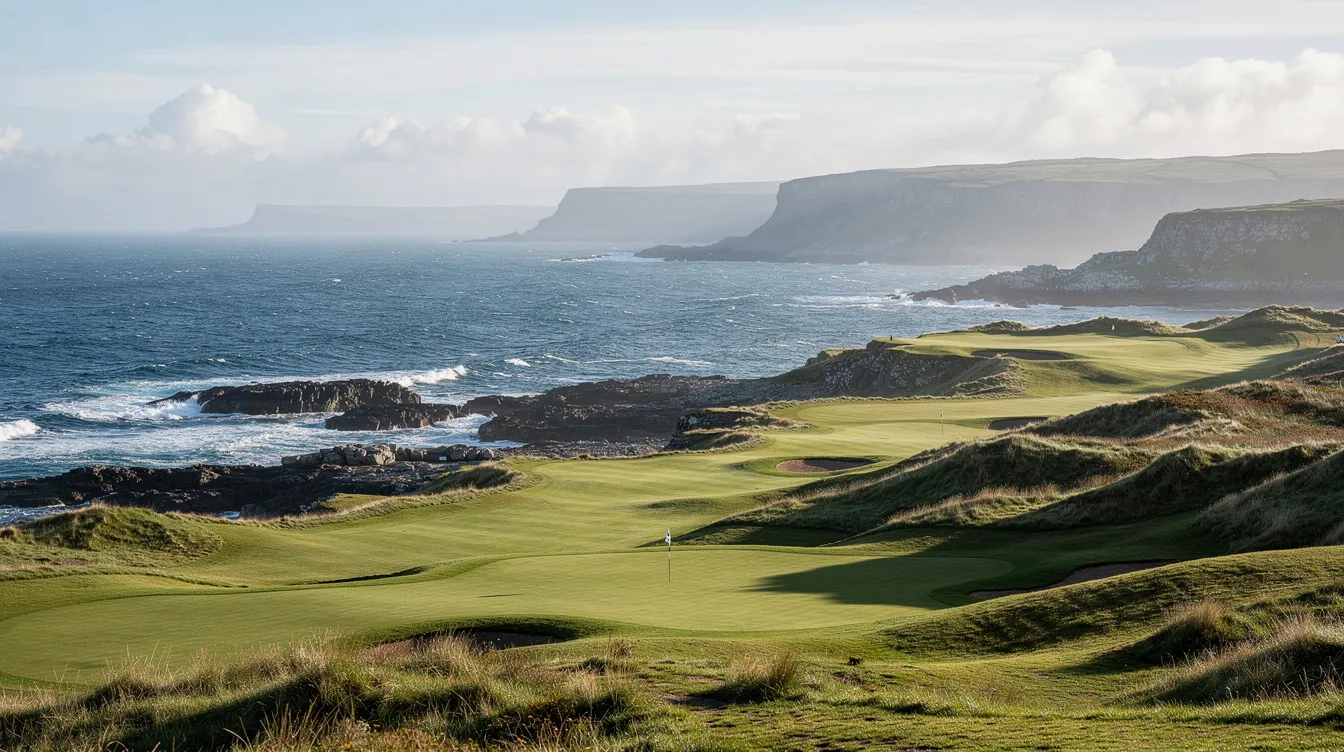 The image depicts a scenic coastal Scottish golf course featuring vibrant green fairways that stretch along a rugged shoreline, with the deep blue ocean visible in the background. This picturesque setting is ideal for visitors arriving via private jet to Edinburgh, offering a perfect location for golf enthusiasts.