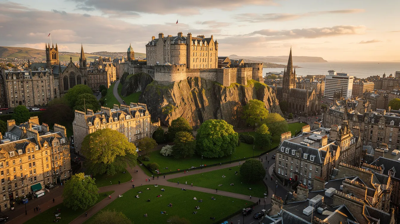 An aerial view showcases the stunning Edinburgh skyline, featuring the historic Edinburgh Castle perched on a hilltop, surrounded by lush green parkland below. This picturesque scene highlights the city's rich heritage and beauty, making it a perfect destination for visitors arriving via private jet or charter flights to Edinburgh Airport.