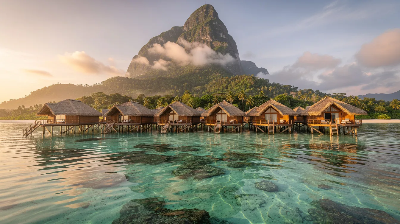 The image showcases luxurious overwater bungalows perched on stilts above crystal-clear turquoise waters, with the dramatic volcanic peak of Mount Otemanu rising majestically in the background. This idyllic scene captures the essence of Bora Bora's natural wonders, making it a perfect destination for travelers seeking exclusive resorts and private jet charters.