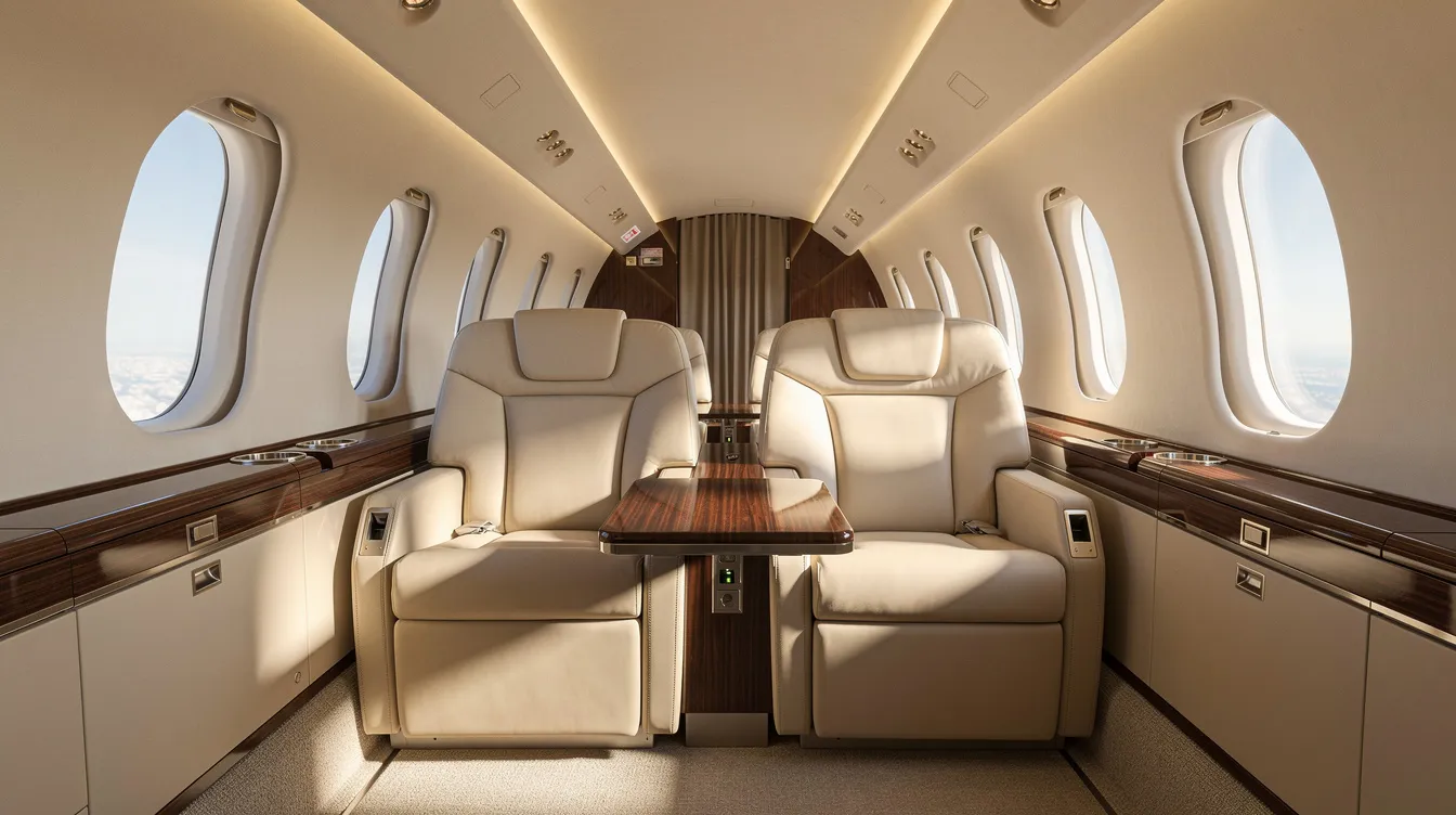The image depicts the luxurious interior of a private jet cabin featuring cream leather club seating arranged for comfort and large windows that offer stunning views. This spacious cabin is designed for an exclusive travel experience, perfect for private jet charters to destinations like Bora Bora.