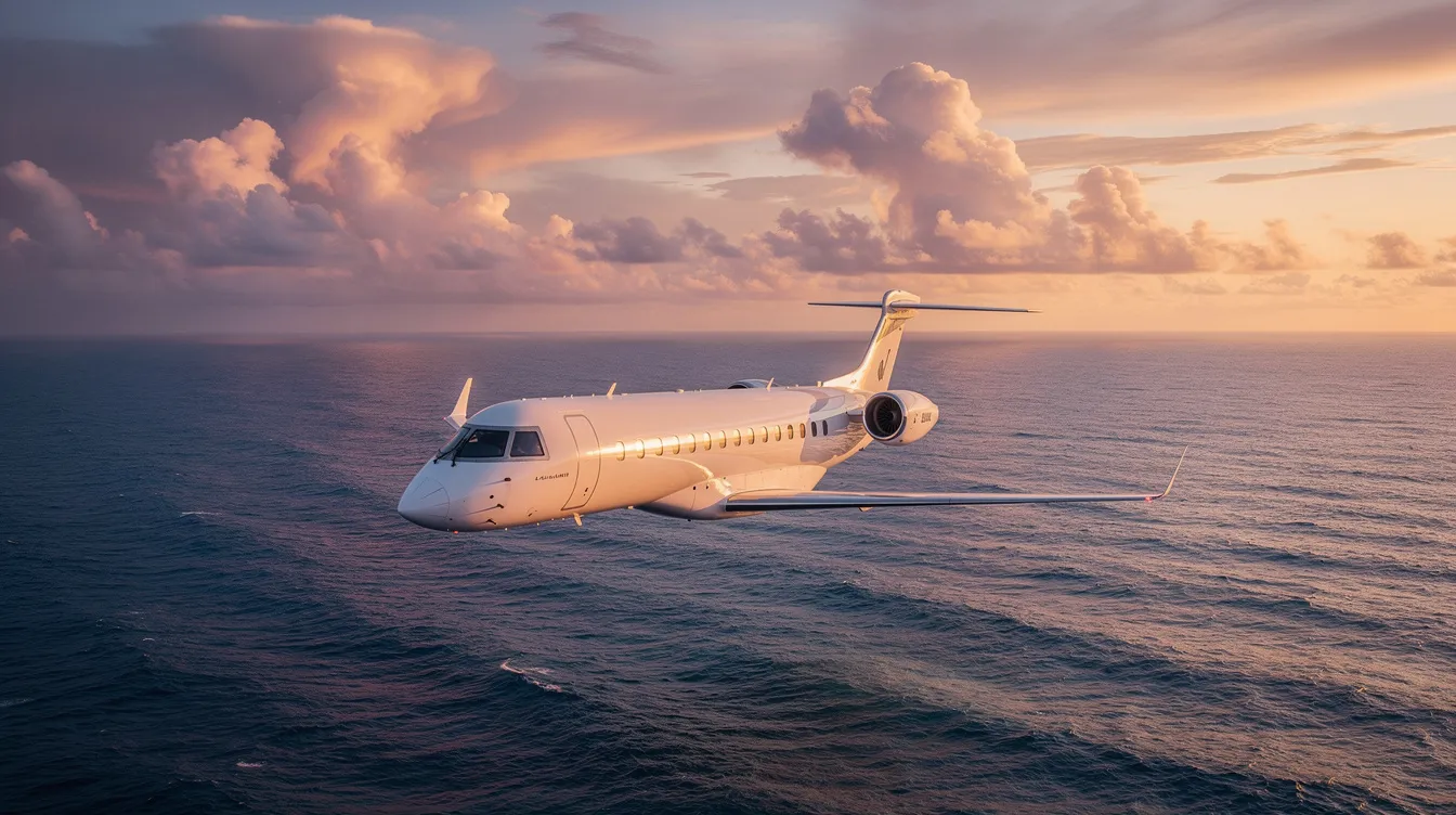 A private jet is soaring over the open Pacific Ocean, surrounded by fluffy clouds and a vibrant sunset in the background. This scenic flight offers travelers a luxurious journey, showcasing the beauty of the turquoise waters below as they head towards exclusive resorts like the Four Seasons Resort Bora.