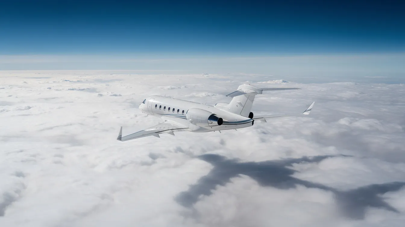 A private jet, specifically a Gulfstream G550, soars gracefully above a thick layer of white clouds with a clear blue sky visible overhead, symbolizing luxury travel and ultra long-range flights. This image captures the essence of private jet charters, showcasing the aircraft's elegance and the serene atmosphere of flying high above the world.