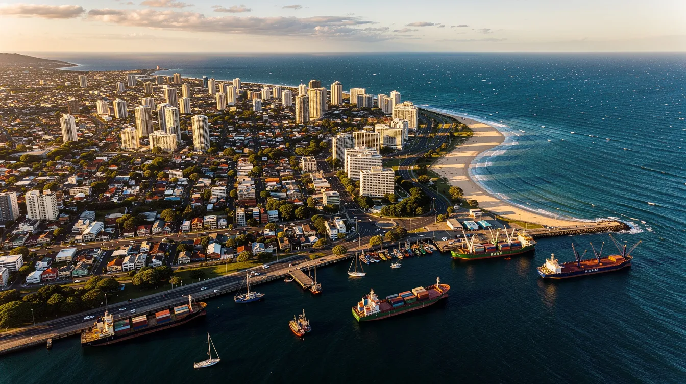An aerial view captures a sunlit coastal city featuring a bustling harbor and a vast blue ocean stretching to the horizon, showcasing the vibrant life and luxury amenities of the area. This picturesque scene reflects the allure of private jet charters and ultra long-range flights, making it a prime destination for travelers seeking adventure and relaxation.