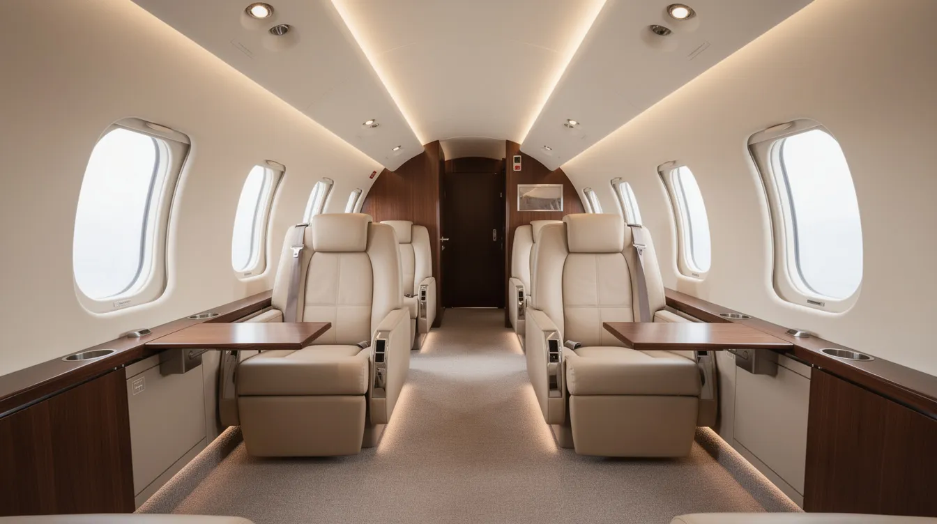 The image depicts the interior of a spacious private jet cabin featuring beige leather seats arranged in a club configuration, complemented by soft ambient lighting, showcasing luxury amenities typical of a Gulfstream G550 private jet. This inviting environment is designed for passengers seeking comfort during their ultra long range flights.