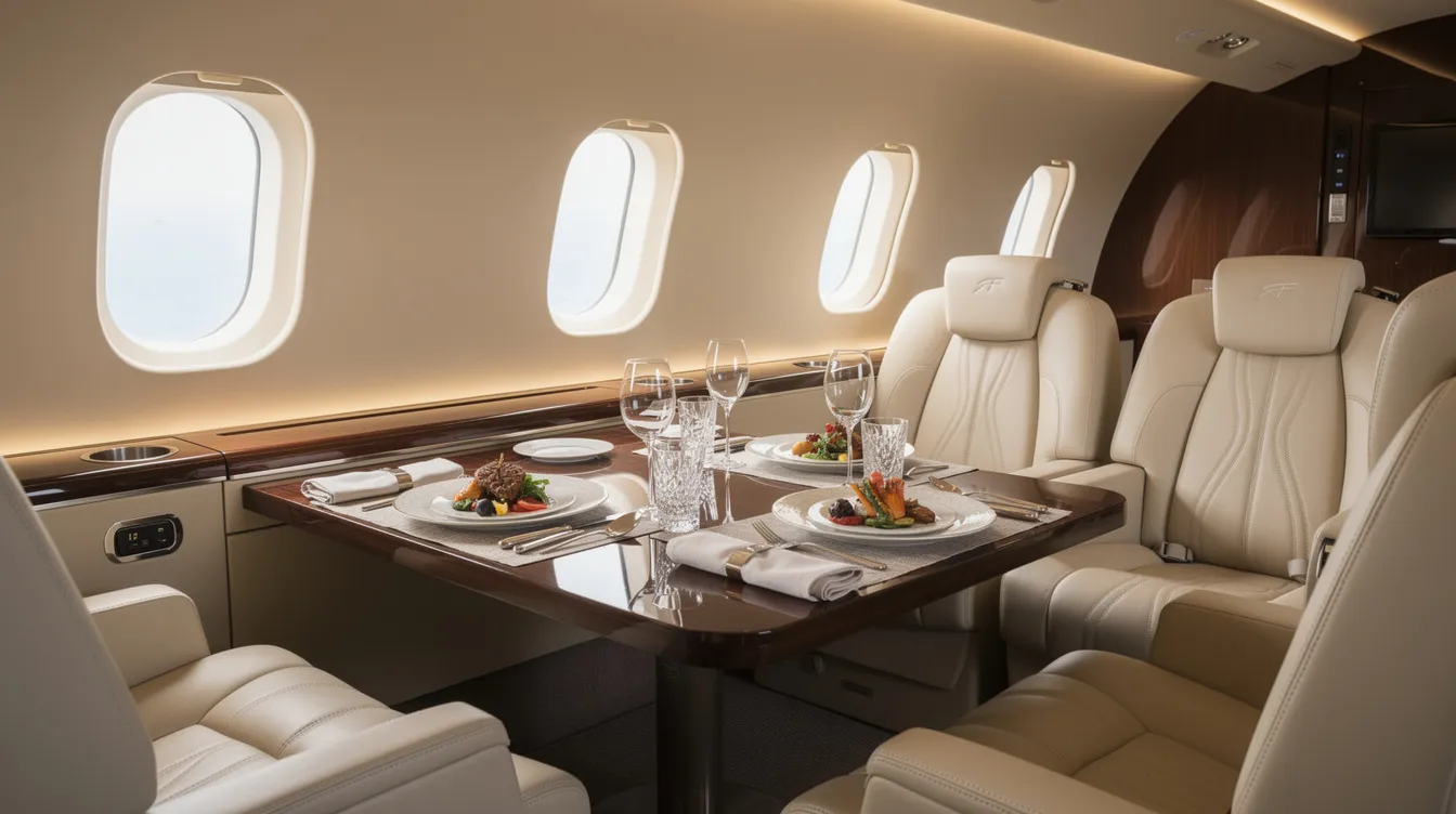 The image shows the luxurious interior of a private jet cabin, featuring plush leather seats and an elegantly set dining table with fine plates and glasses, exemplifying the culinary excellence that airlines strive to provide for their guests. This refined setting highlights the quality of service and the passion for exceptional airline meals prepared by skilled chefs in the sky.