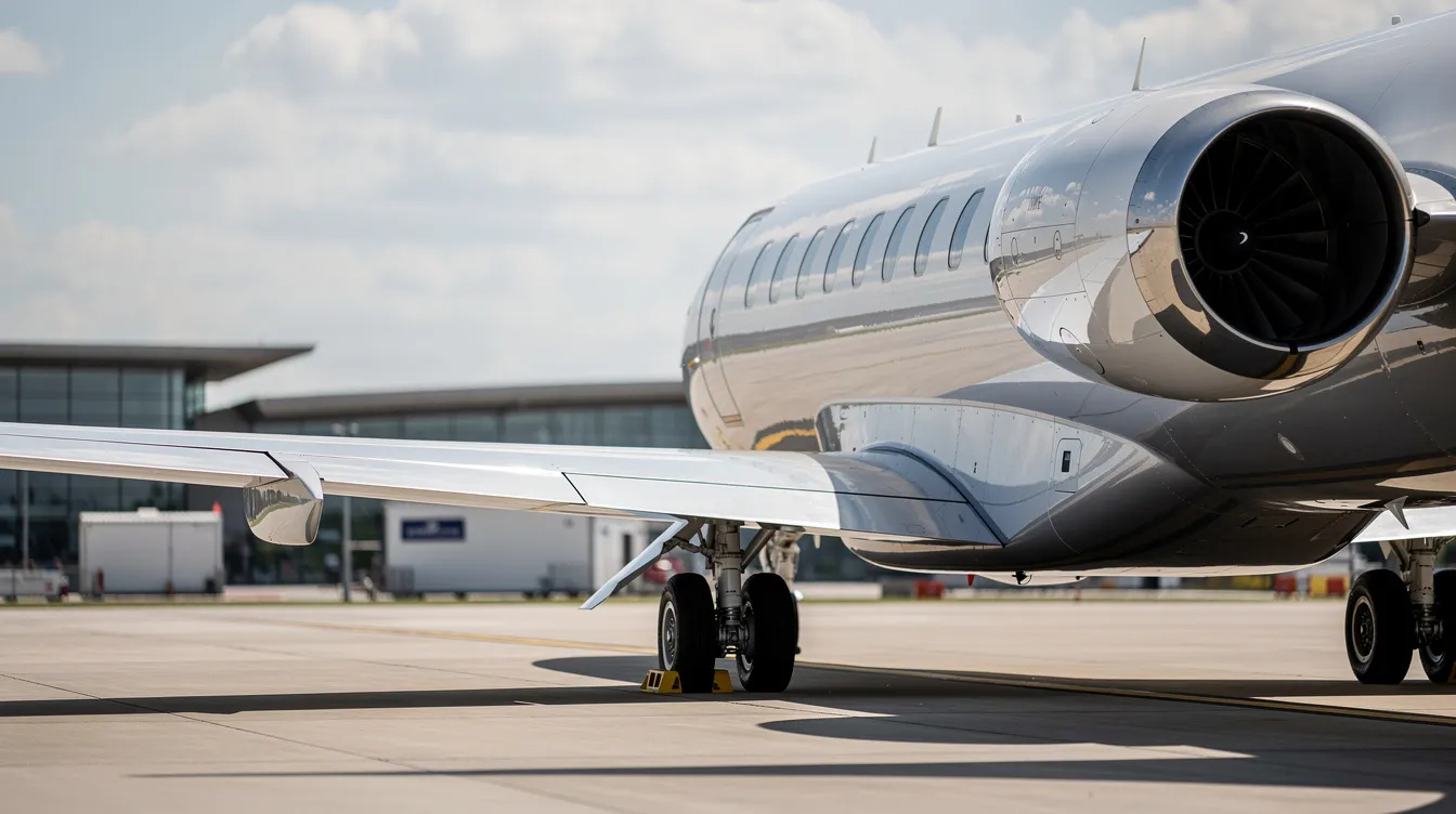 The image features a sleek private jet engine nacelle and wing, prominently showcasing the design of an Embraer Legacy 600, with airport buildings visible in the background. This aircraft represents efficiency and comfort for passengers, highlighting its range and advanced engineering.