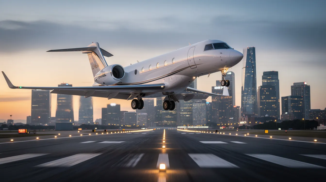 A private Embraer Legacy 600 jet with a visible tail number is approaching a runway for landing, with a bustling city skyline in the background. The image captures the aircraft's elegance and efficiency as it prepares to welcome its passengers in comfort.