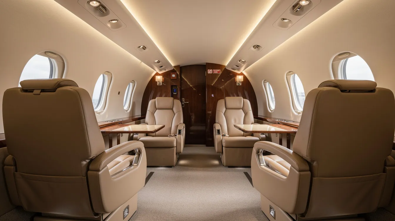 The image showcases a luxurious interior of a private jet, featuring beige leather seats arranged in a club configuration, designed for passenger comfort and elegance. This Embraer Legacy 600 cabin reflects high standards of efficiency and style, ideal for those flying with Cloud Enterprise Holdings LLC.