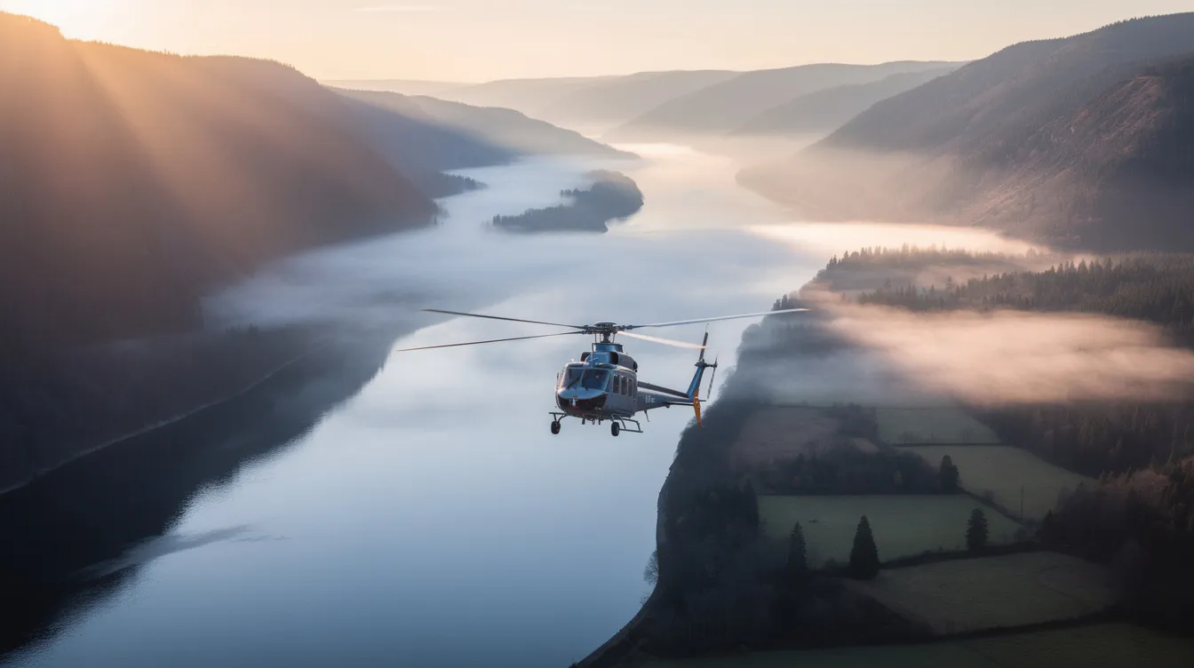 A helicopter flies gracefully over a wide river valley, with morning mist slowly clearing below, offering a breathtaking sightseeing experience and spectacular views. This moment captures the essence of a helicopter ride, perfect for those seeking adventure and memorable photo opportunities.