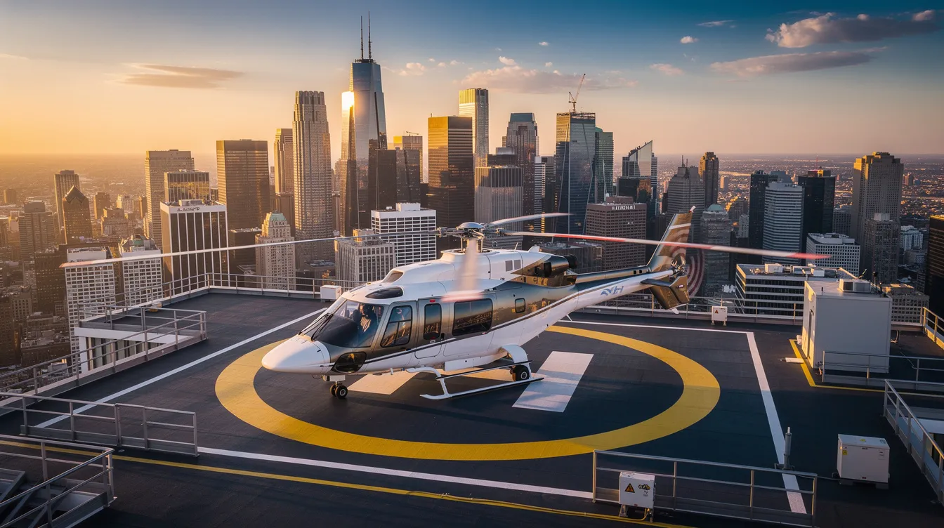 A private helicopter is parked on a rooftop helipad, with a stunning city skyline in the background, showcasing modern helicopters that offer memorable helicopter tours and sightseeing experiences. This setting provides spectacular views and photo opportunities for visitors looking to embark on a helicopter ride over the city.