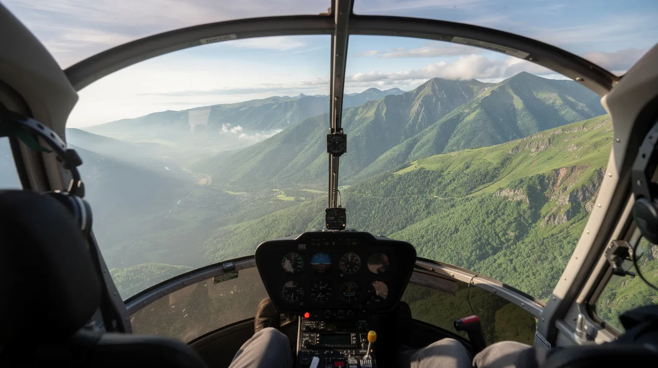An aerial view from inside a modern helicopter cabin captures a lush green mountain landscape, showcasing spectacular views that enhance the sightseeing experience during a helicopter ride. This unique perspective offers passengers a memorable adventure as they soar at higher altitudes, perfect for photo opportunities.