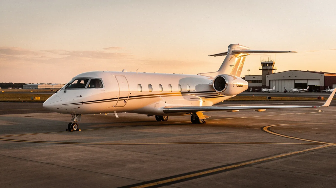 A sleek private jet is parked on a wide concrete ramp at a regional airport, bathed in the warm glow of golden hour. The scene captures the elegance of private aviation, highlighting the jet's design and the spacious surroundings, ideal for air transportation services.