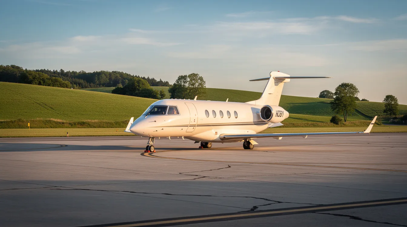 A small executive jet is parked on the tarmac of a quiet regional airport, with lush green hills visible in the background, creating a serene travel atmosphere for travelers seeking flight deals to various destinations.