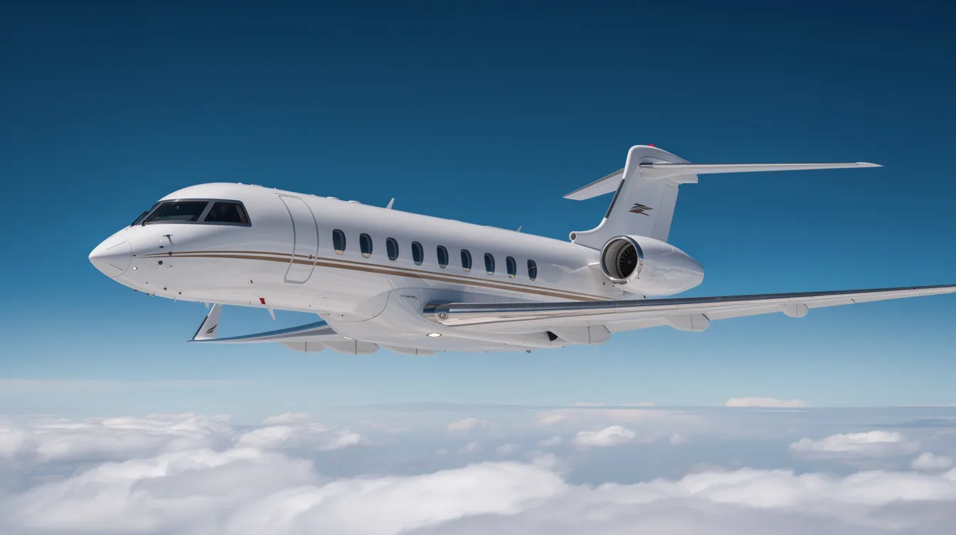 A large private jet, resembling a Bombardier Global Express, glides through a clear blue sky with fluffy clouds below, embodying the luxury and exceptional flying experience of private jet charters. This image highlights the aircraft's impressive design and the freedom of flight, showcasing the elegance of aviation.