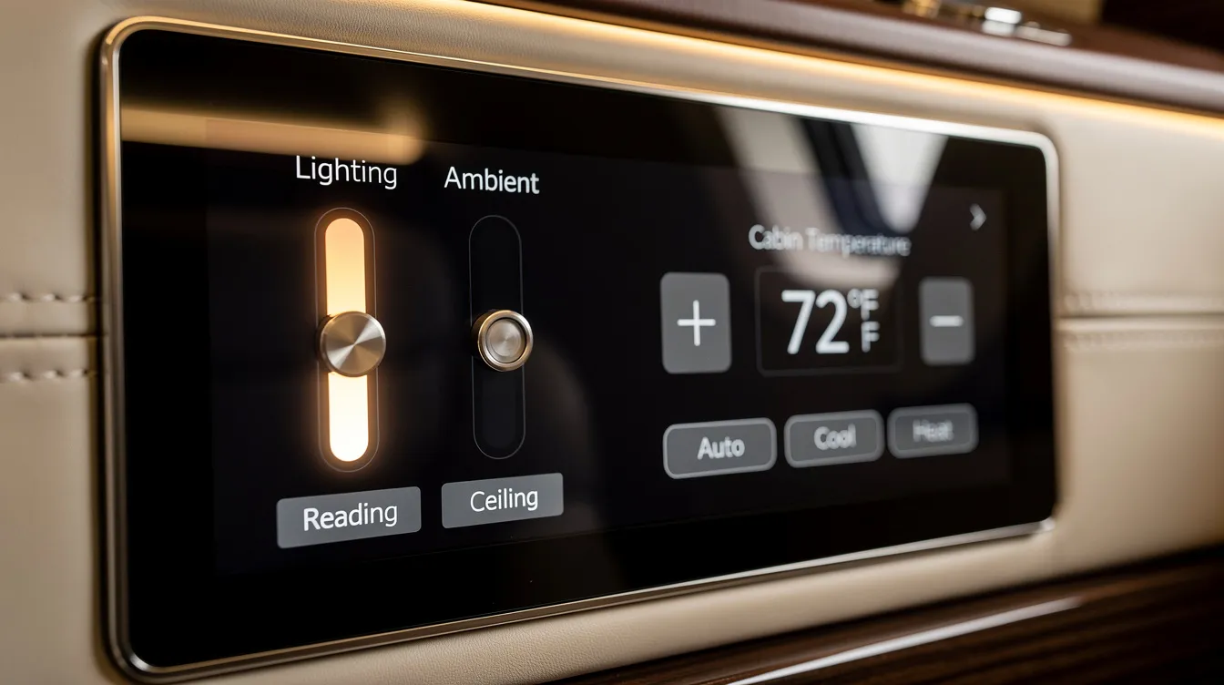 A close-up view of a touchscreen cabin control panel in a private jet, showcasing controls for lighting and temperature, highlighting the exceptional comfort and personalized luxury of the aircraft's interior design. This detail emphasizes the customization process that enhances the overall travel experience for passengers.