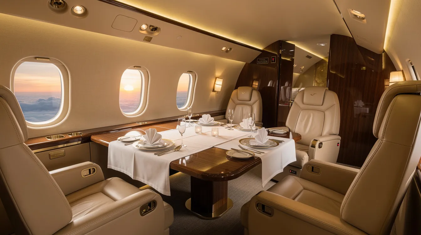 The image showcases an elegant private jet interior featuring a beautifully set dining table adorned with white linens and sparkling champagne flutes, all illuminated by warm overhead lighting, creating a luxurious atmosphere ideal for special events and an exceptional flying experience. The refined design reflects personalized luxury, emphasizing superb craftsmanship and attention to detail in private jet interiors.
