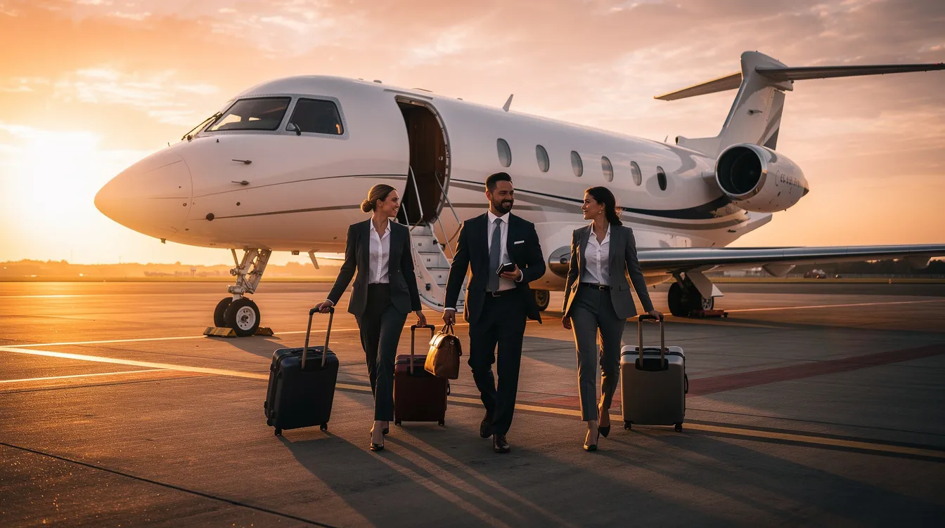 A group of business professionals is walking toward a private jet on the tarmac of Indira Gandhi International Airport at sunset, highlighting the luxury and convenience of private aviation in India. The scene captures the essence of private jet travel, where high net worth individuals embark on their journeys with ease and comfort.
