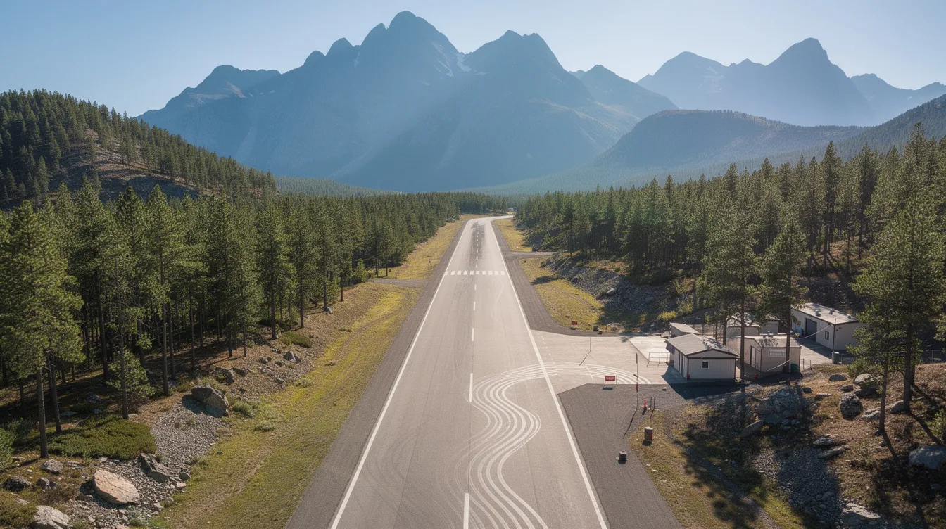 The image depicts a mountain airstrip surrounded by lush pine trees, with a shimmering heat haze visible on the runway surface, suggesting a warm day. This remote airstrip is ideal for bush pilots flying high-winged aircraft like the Cessna 185, known for its short takeoff capabilities and versatility in rugged terrains.