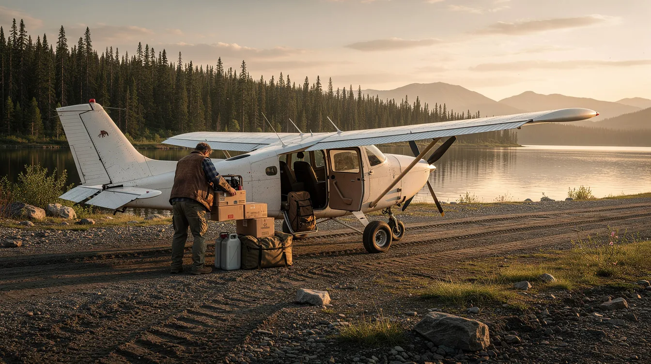 A bush pilot is loading supplies into a Cessna 185, a high-winged aircraft with a cargo pod, on a gravel strip by the lake. The scene captures the pilot preparing for a short takeoff, surrounded by remote areas and the natural beauty of the lakeside environment.