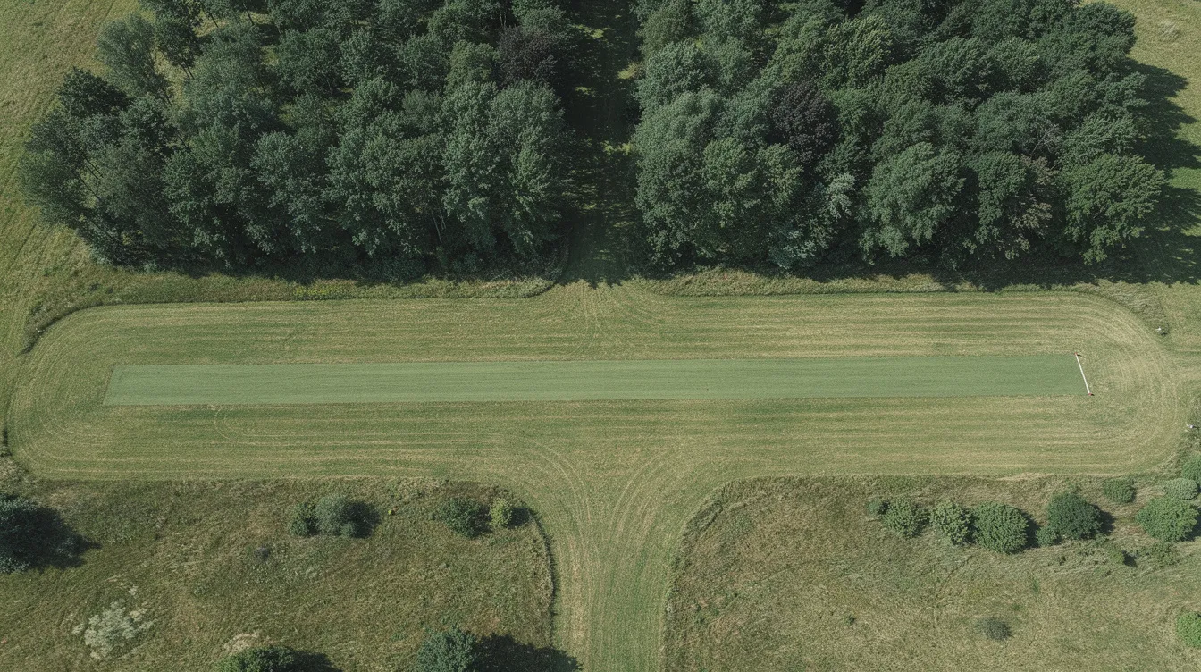 An aerial view of a small grass airstrip is surrounded by tall trees at both ends, ideal for bush pilots flying aircraft like the Cessna 185. The airstrip's layout suggests a short takeoff run, suitable for light loads and remote areas.