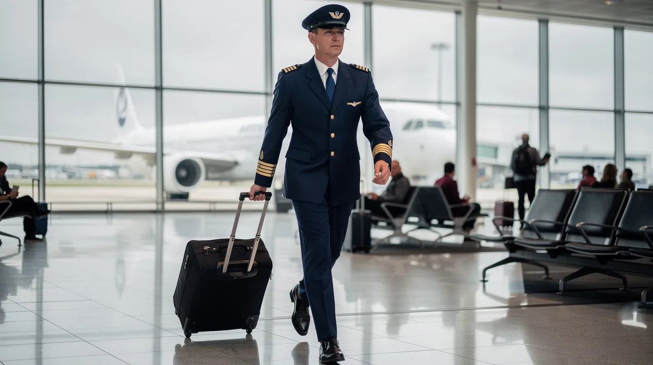 A uniformed airline pilot walks through a bustling airport terminal, pulling a rolling flight bag behind him. This scene captures the daily life of commercial pilots as they prepare for their next flight, showcasing the professional attire and equipment essential for their career.