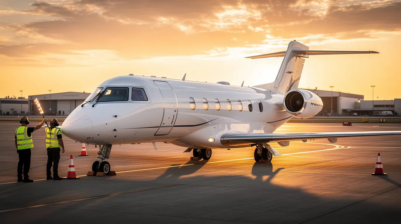 A private jet is parked on a tarmac bathed in the warm hues of sunset, with ground crew members preparing for the next flight. This scene highlights the professional environment of airline pilots and their crucial support teams, showcasing the dedication involved in flight operations.
