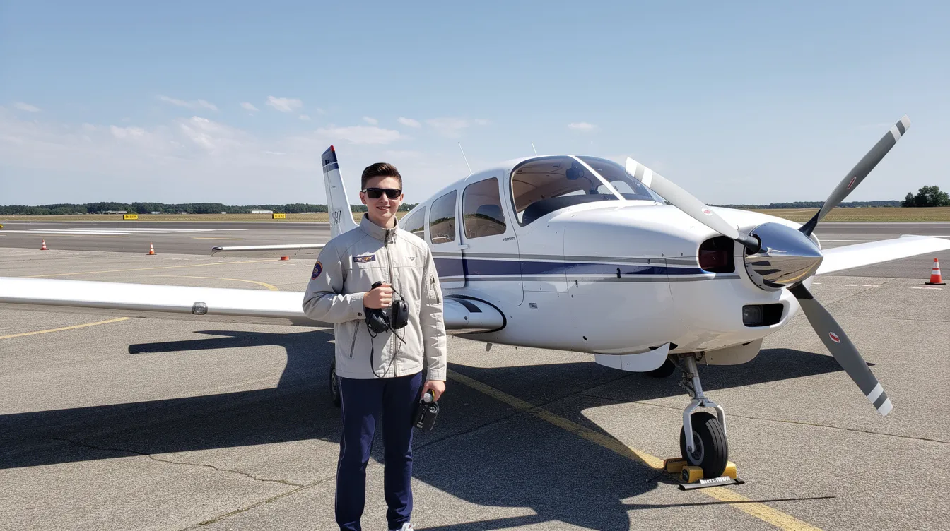 A student pilot stands proudly next to a small single-engine training aircraft under a clear blue sky, symbolizing the beginning of their flight training journey. This moment captures the aspirations of aspiring pilots who aim to earn their commercial pilot certificates and eventually work as airline and commercial pilots.
