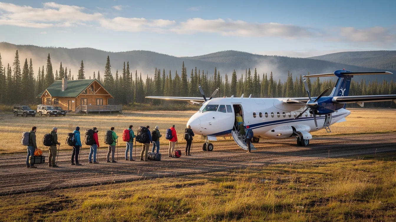 Passengers are boarding a Cessna 208B Grand Caravan, a high-wing turboprop aircraft, at a remote grass airstrip surrounded by wilderness, with a lodge visible in the background. The scene captures the excitement of travelers preparing to fly to smaller markets as part of a feeder fleet service.
