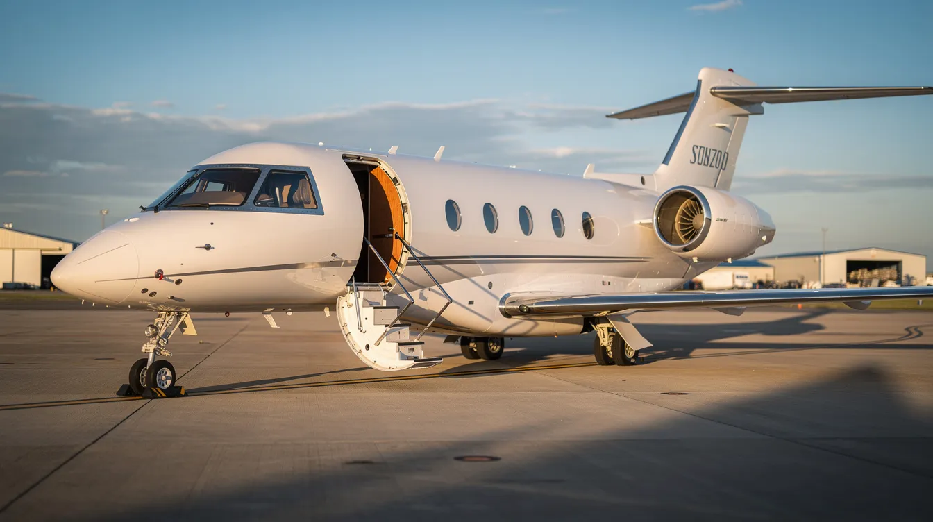 A small private jet is parked on the tarmac, with its passenger door open and stairs extended for boarding. This sleek aircraft stands out among the larger planes typically associated with major airlines, offering a more personalized travel experience.