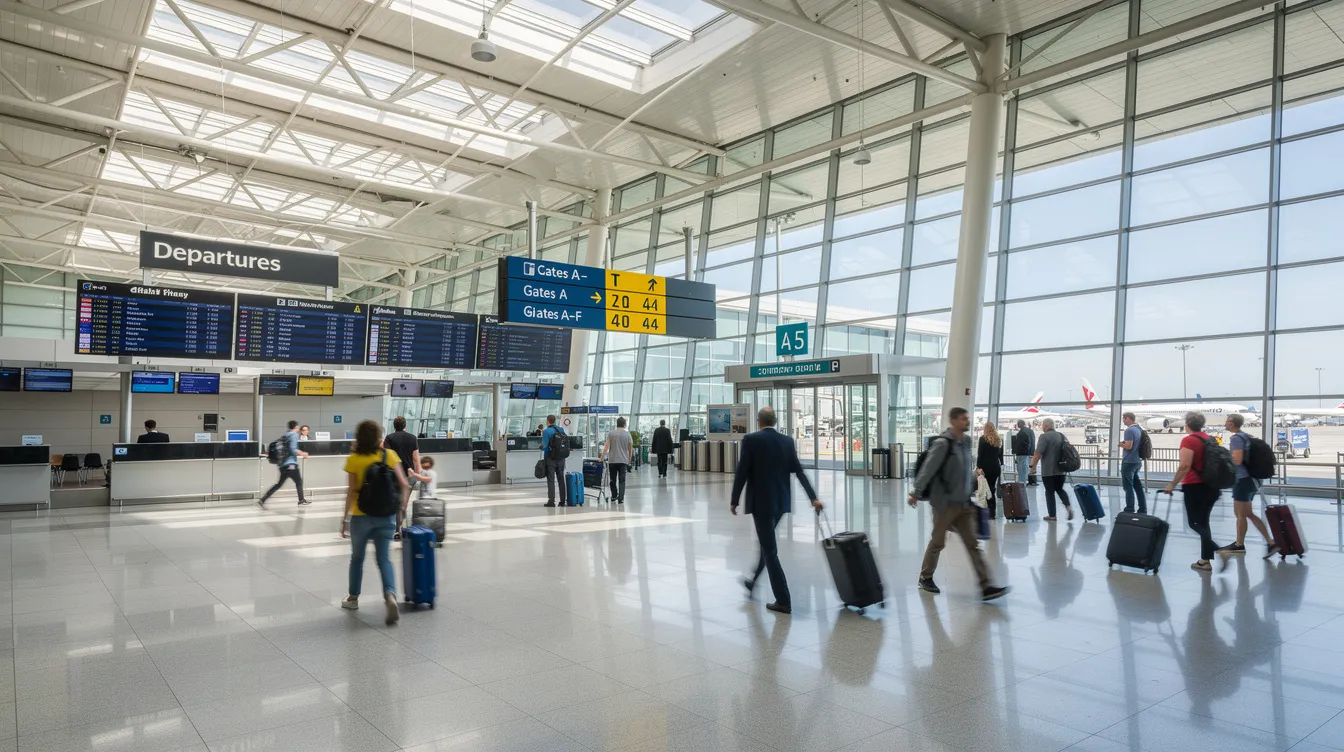 The image depicts a bustling airport departure terminal filled with travelers walking through a spacious, modern concourse, with various airline signs visible, including those for low-cost carriers like Southwest Airlines and Spirit Airlines. Passengers are seen carrying their bags and checking flight information as they prepare for their journeys to international destinations.