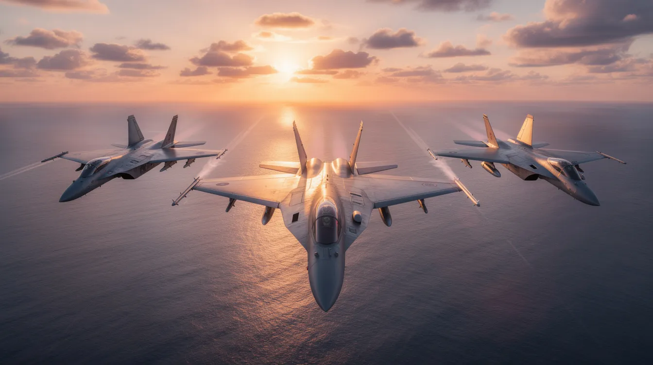 A formation of multiple advanced fighter jets, including stealth aircraft, flies in a tight V-formation over the ocean during a stunning sunset. These powerful jets represent the most advanced fighters in the air force, showcasing their capabilities in maintaining air dominance and global security.