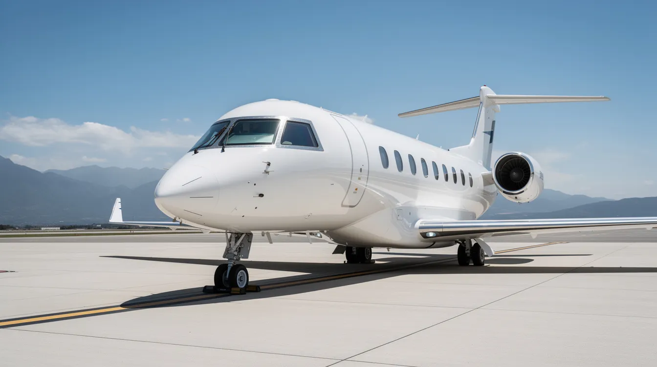 A sleek white private jet is parked on a sunlit runway, with majestic mountains visible in the background, reflecting the elegance and advanced technology of modern aviation. This aircraft, reminiscent of the most advanced fighter jets, symbolizes a powerful force in the skies, ready for its next mission.
