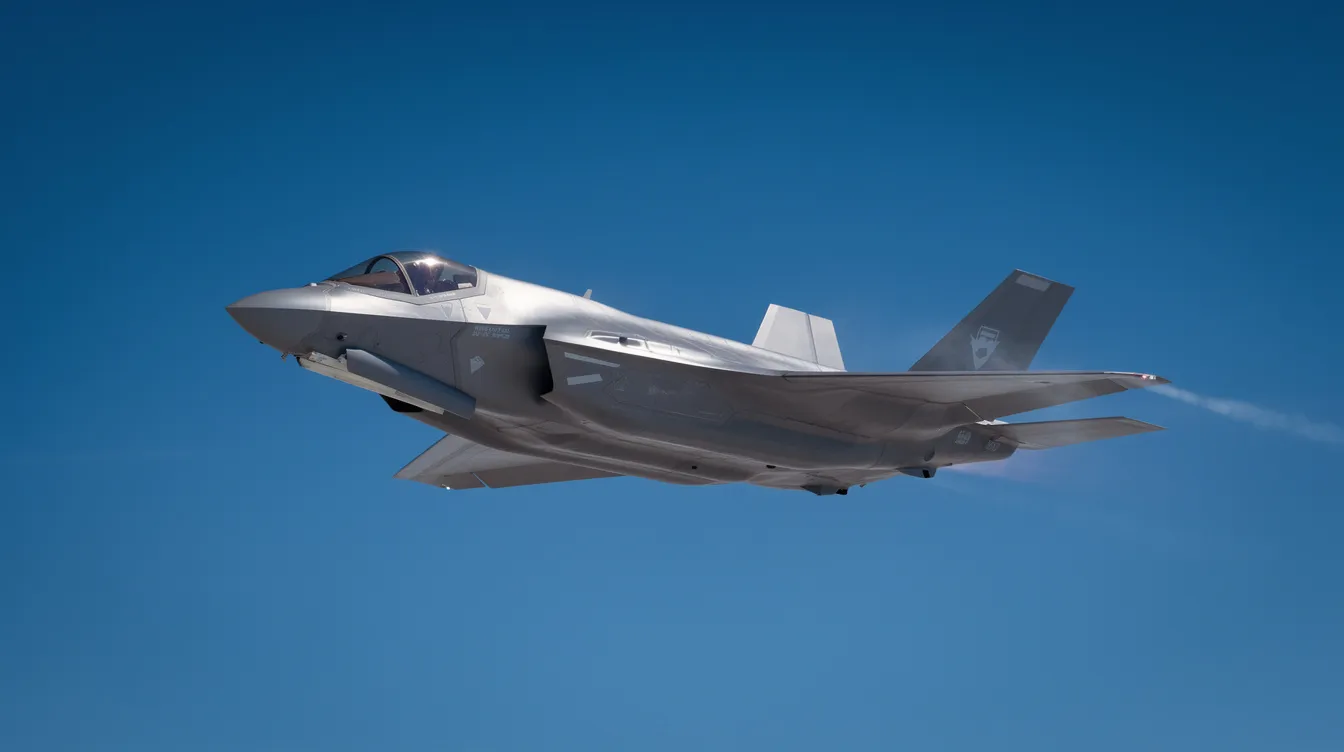 An F-35 fighter jet, known as the most advanced fighter jet, is soaring through a clear blue sky, with sunlight reflecting off its angular fuselage, showcasing its advanced stealth technology and air superiority capabilities. This fifth-generation stealth aircraft is designed for air dominance and is a powerful force in global security.