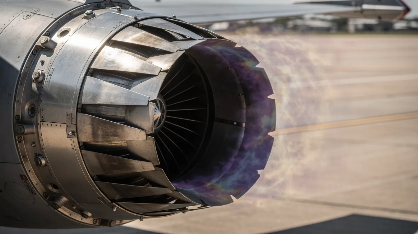 A close-up view of a fighter jet engine exhaust nozzle reveals shimmering heat waves against a tarmac background, showcasing the advanced technology of this fifth-generation stealth aircraft, designed for air superiority and global security. The intricate details highlight the powerful force and performance capabilities that define the most advanced fighter jets in the world.