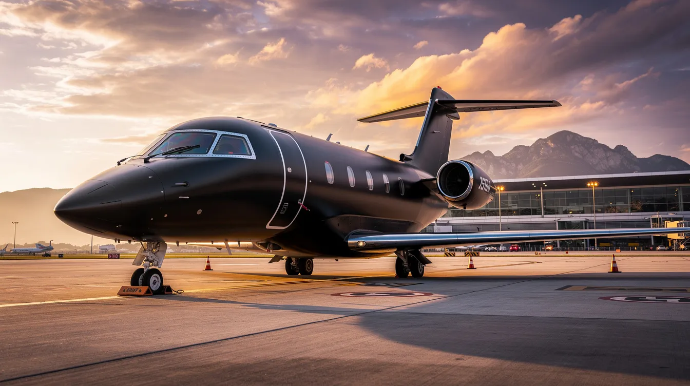 The image features a sleek black private jet parked on a tarmac, set against a stunning background that highlights its aerodynamic design and luxurious appearance. This aircraft represents the pinnacle of aviation performance and craftsmanship, appealing to pilots and builders interested in homebuilt experimental aircraft and kitplanes.