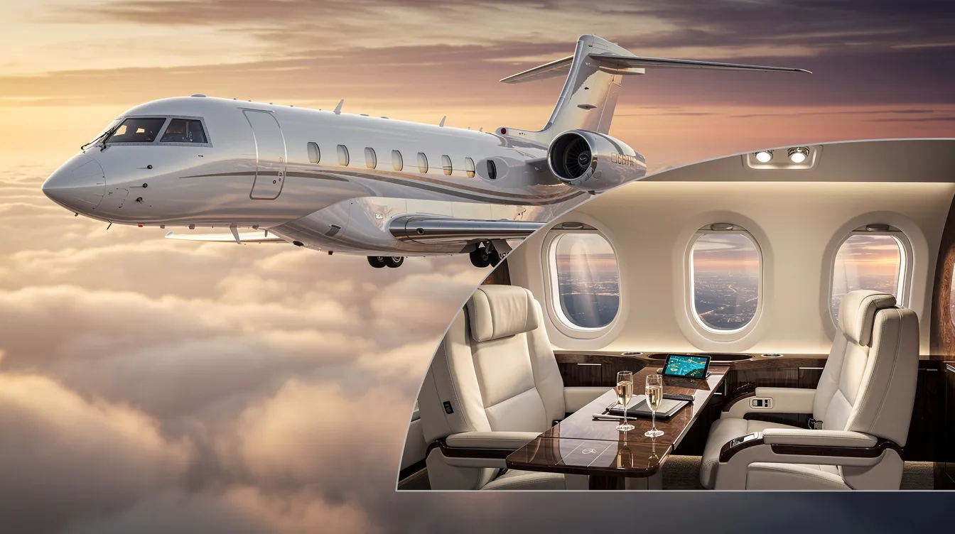 The image depicts a luxurious private jet, showcasing its sleek design and spacious interior, symbolizing the high-performance and innovative service offered by the company in the private jet aviation industry. This visual emphasizes the full suite of experiences available to customers, highlighting the dependable and responsive nature of the business.