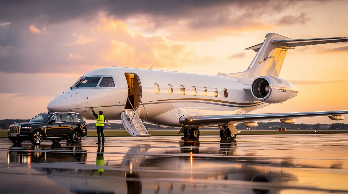 The image depicts a luxurious private jet, showcasing its sleek design and spacious interior, symbolizing the high-performance and innovative service offered by the company in the private jet aviation industry. This visual emphasizes the full suite of experiences available to customers, highlighting the dependable and responsive nature of the business.