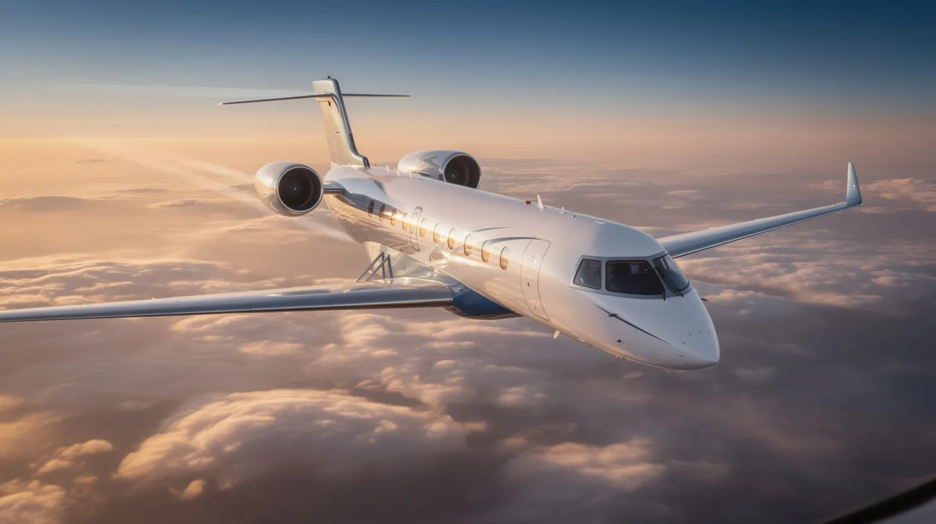 The image features a sleek private jet, showcasing its modern design and luxurious full suite interior, symbolizing the pinnacle of business travel. This jet represents the innovative technology and dependable service that customers expect from a leading company in the aviation industry.