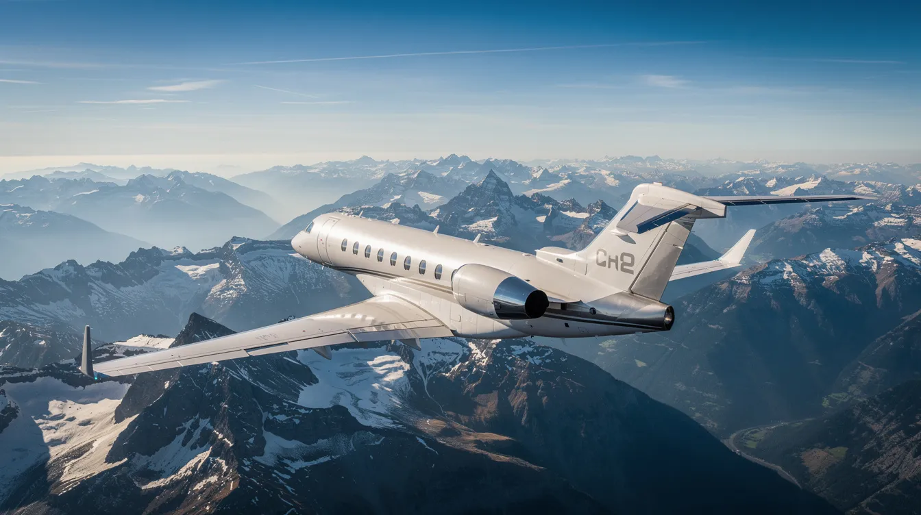 A light private jet soars high above a majestic mountain range under clear blue skies, showcasing the sleek design of the aircraft as it operates in the serene atmosphere. The scene captures the essence of freedom and adventure, reminiscent of the excitement of a game day for fans of the New York Jets.