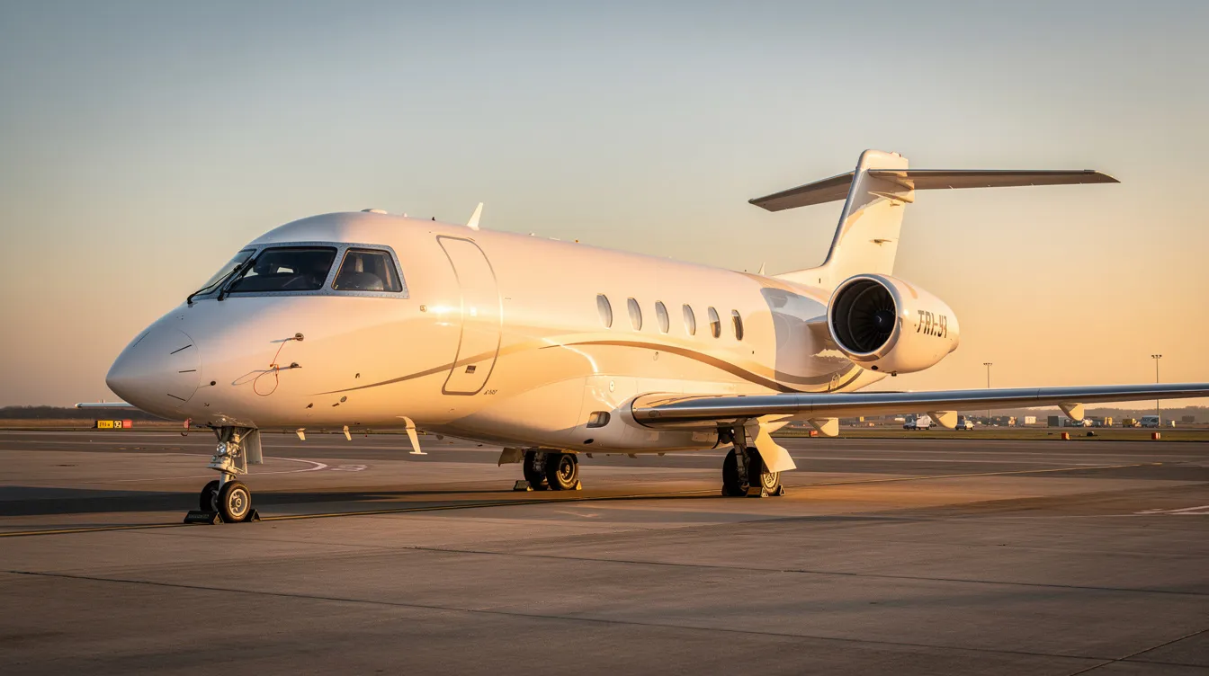 A sleek private jet is parked on a tarmac during golden hour, illuminated by warm golden light against a clear sky. The aircraft exudes luxury and sophistication, symbolizing high-end travel and commitment to safety.